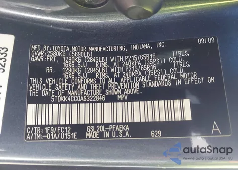 2010 Toyota Sienna Le из США, поврежденный, VIN 5TDKK4CC0AS322846